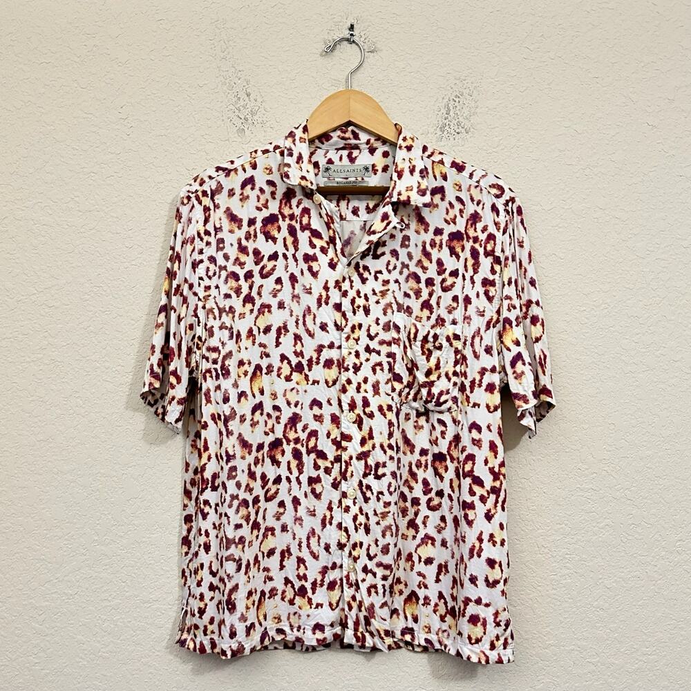 ALLSAINTS Leado Camp Shirt Leopard Print Short Sleeve Relaxed Fit Street